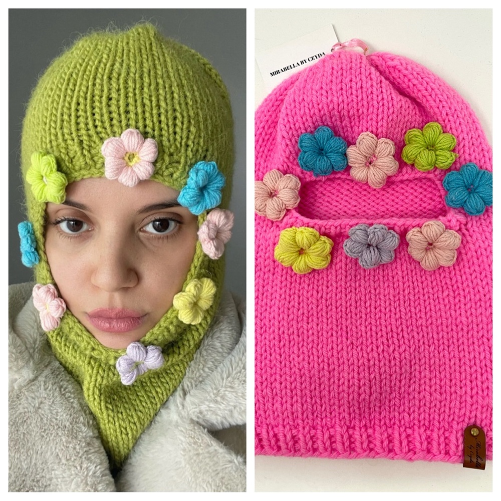 Handmade Balaclava with Flower Appliqués in Pink (Not Green) *FINAL PRICE*